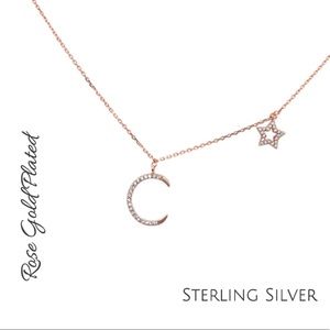 New Rose Gold Plated & .925 Sterling Silver Star Moon Celestial Necklace